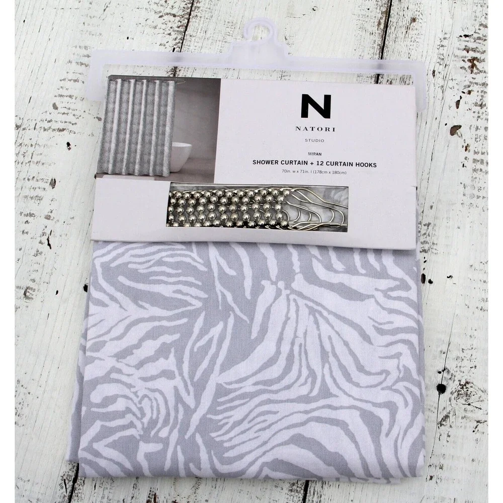 Natori Classic White and Grey Fabric Shower Curtain + 12 Curtain Hooks